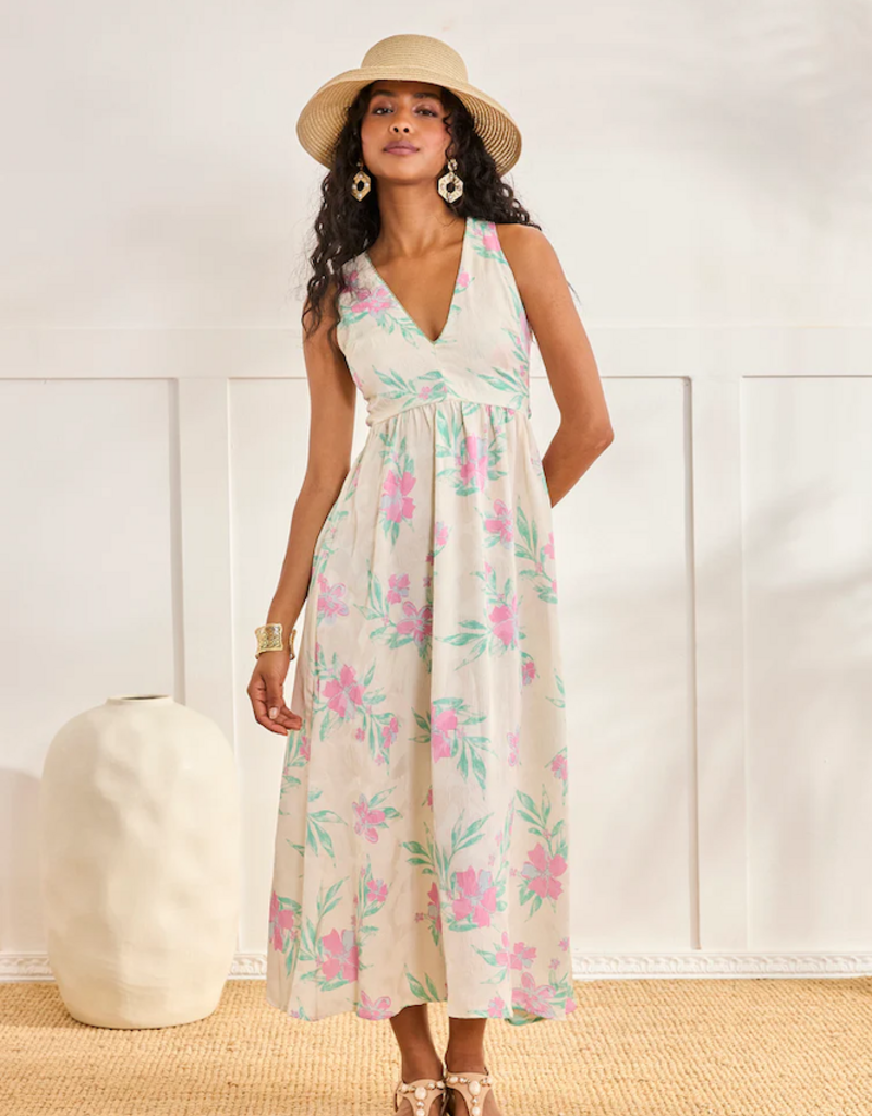 NKN Barcelona Danori Cross-Back Printed Dress in Green/Pink Floral Print