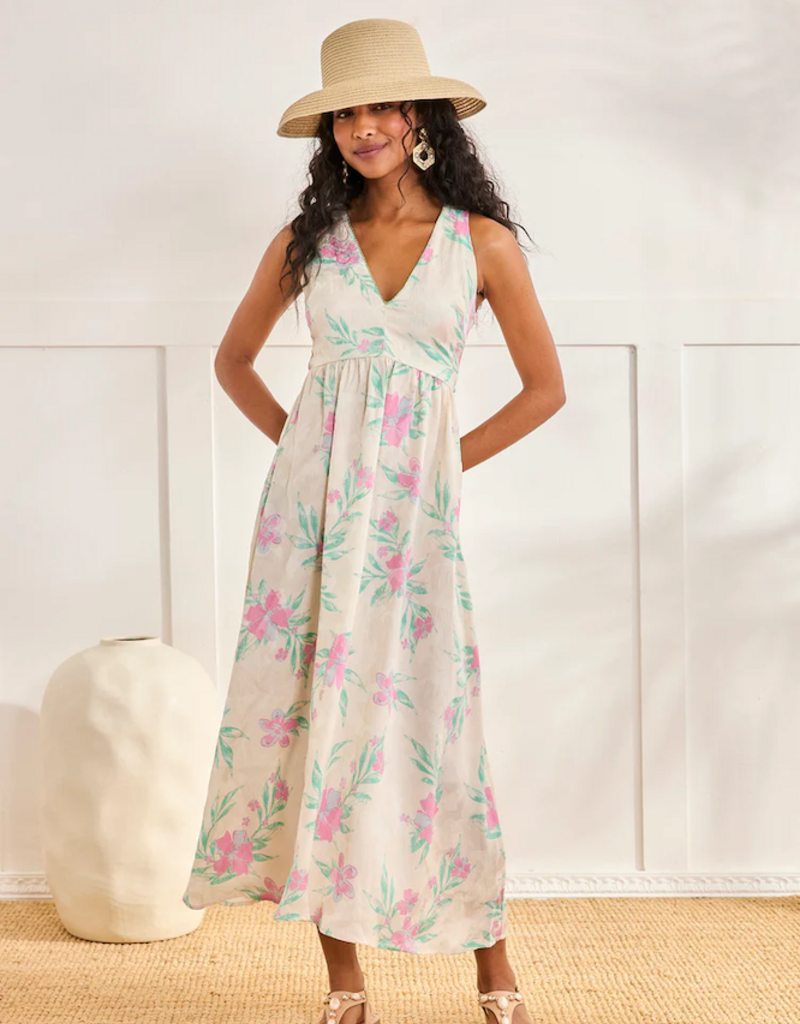 NKN Barcelona Danori Cross-Back Printed Dress in Green/Pink Floral Print
