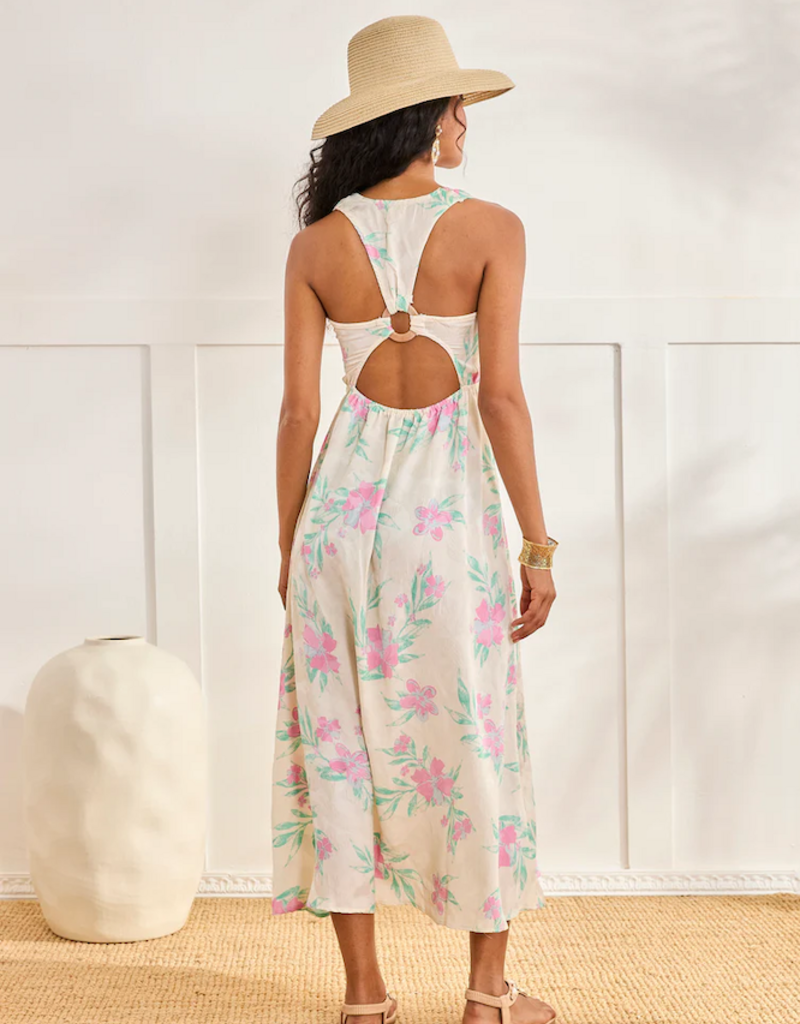 NKN Barcelona Danori Cross-Back Printed Dress in Green/Pink Floral Print