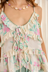 NKN Barcelona Novili Tie-Front Top with Ruffles in Green/Pink Floral Print