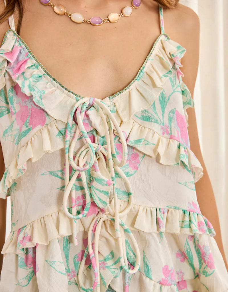 NKN Barcelona Novili Tie-Front Top with Ruffles in Green/Pink Floral Print