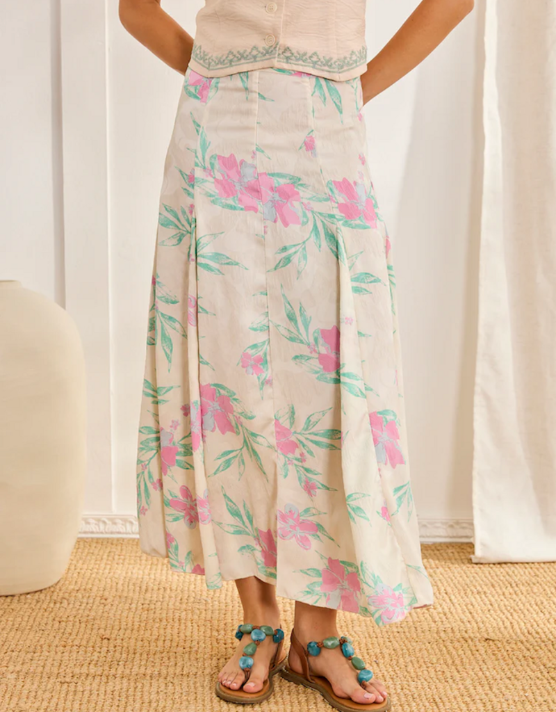 NKN Barcelona Ravari Midi Skirt in Green/Pink Floral Print