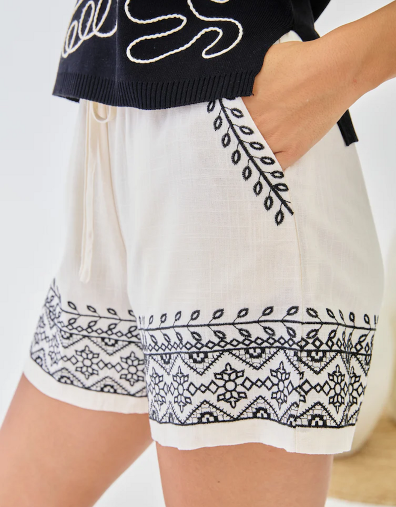 NKN Barcelona Peses Linen Blend Embroidered Shorts in Ivory