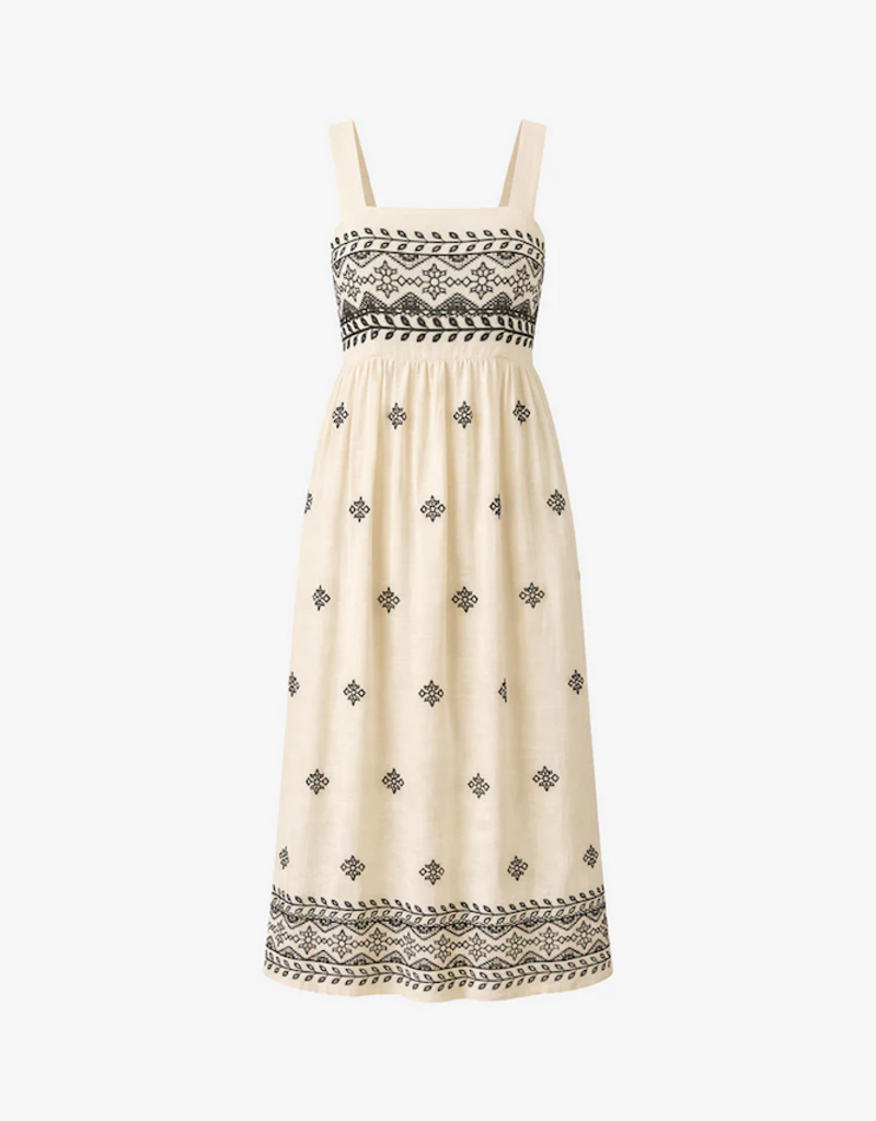 NKN Barcelona Rani Two-Tone Linen Blend Embroidered Maxi Dress in Ivory