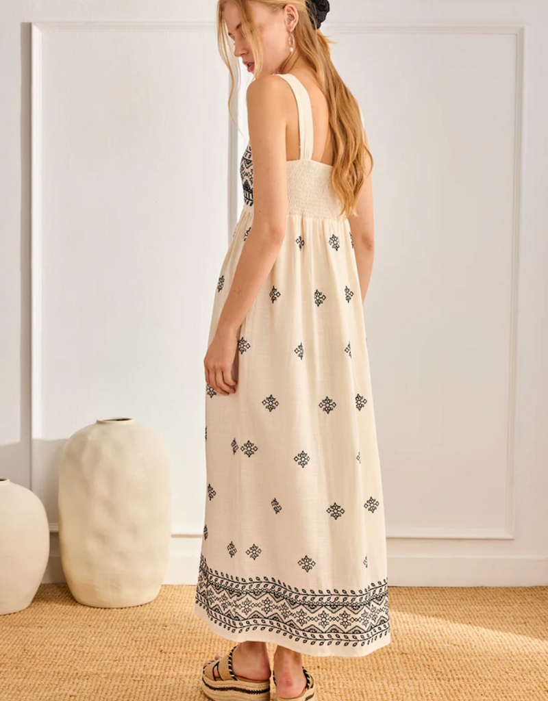 NKN Barcelona Rani Two-Tone Linen Blend Embroidered Maxi Dress in Ivory