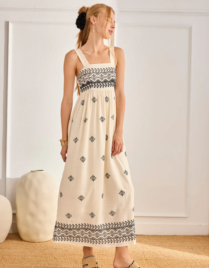 NKN Barcelona Rani Two-Tone Linen Blend Embroidered Maxi Dress in Ivory