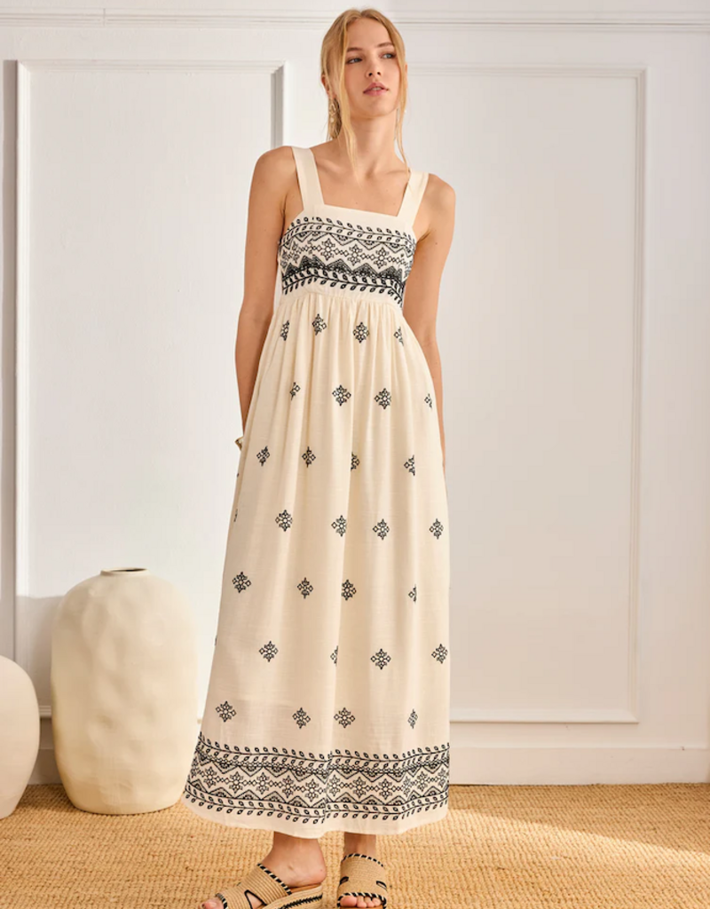 NKN Barcelona Rani Two-Tone Linen Blend Embroidered Maxi Dress in Ivory