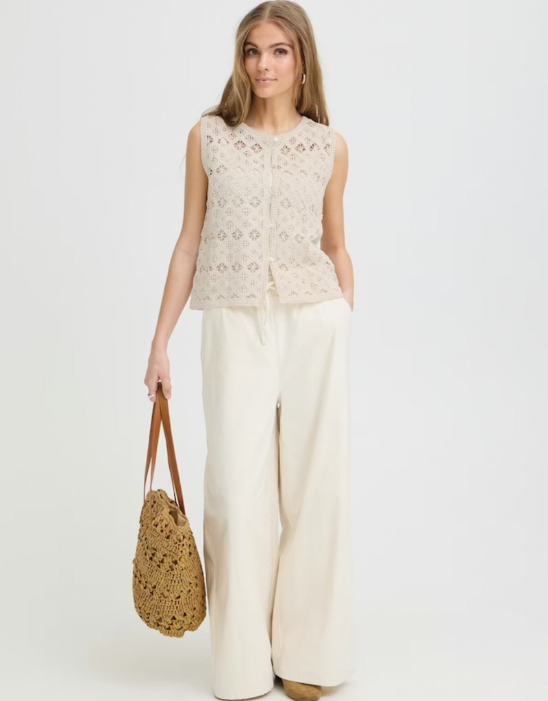 ICHI Nekla 100% Cotton Openwork Button Knit Top