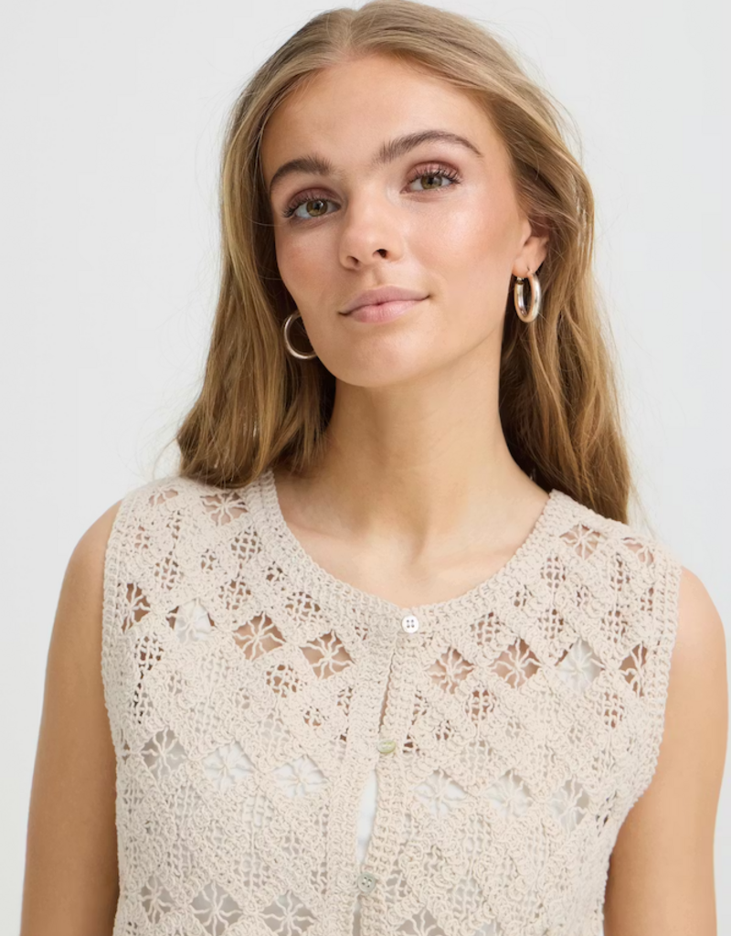 ICHI Nekla 100% Cotton Openwork Button Knit Top