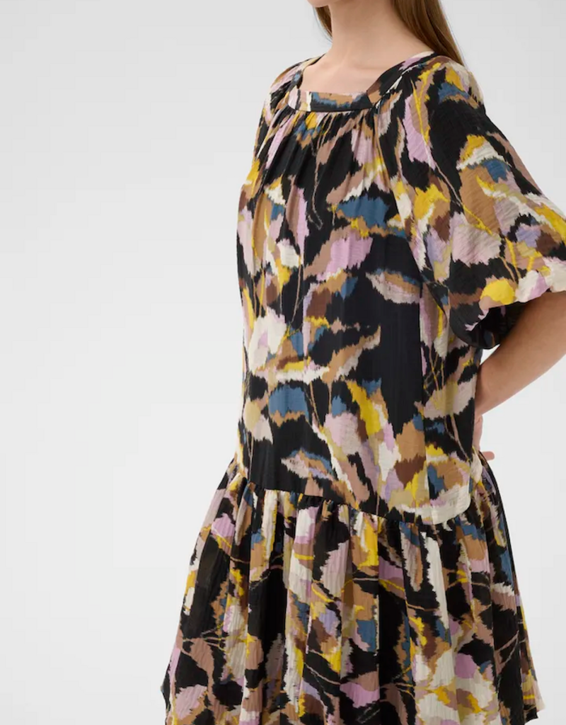InWear Lyla Fest Short Bubble Hem Dress in Black Spring Leaves Print