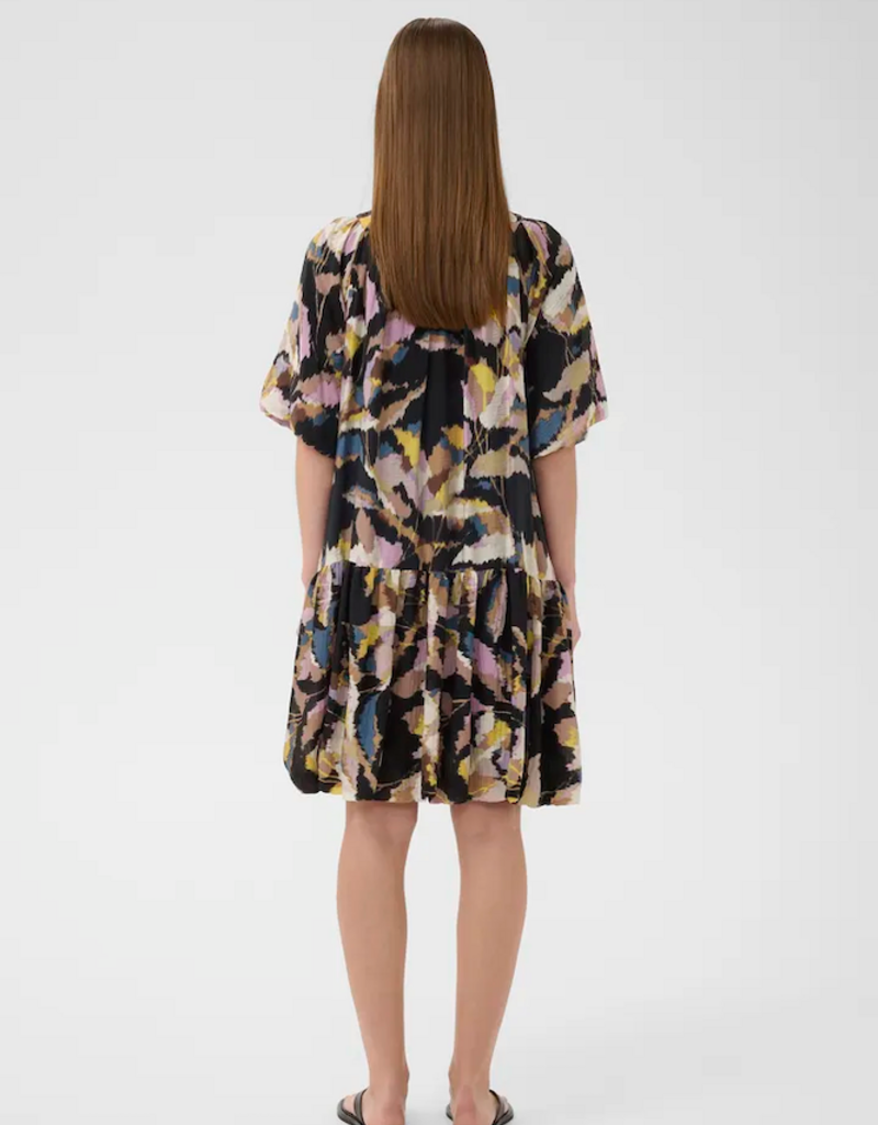 InWear Lyla Fest Short Bubble Hem Dress in Black Spring Leaves Print