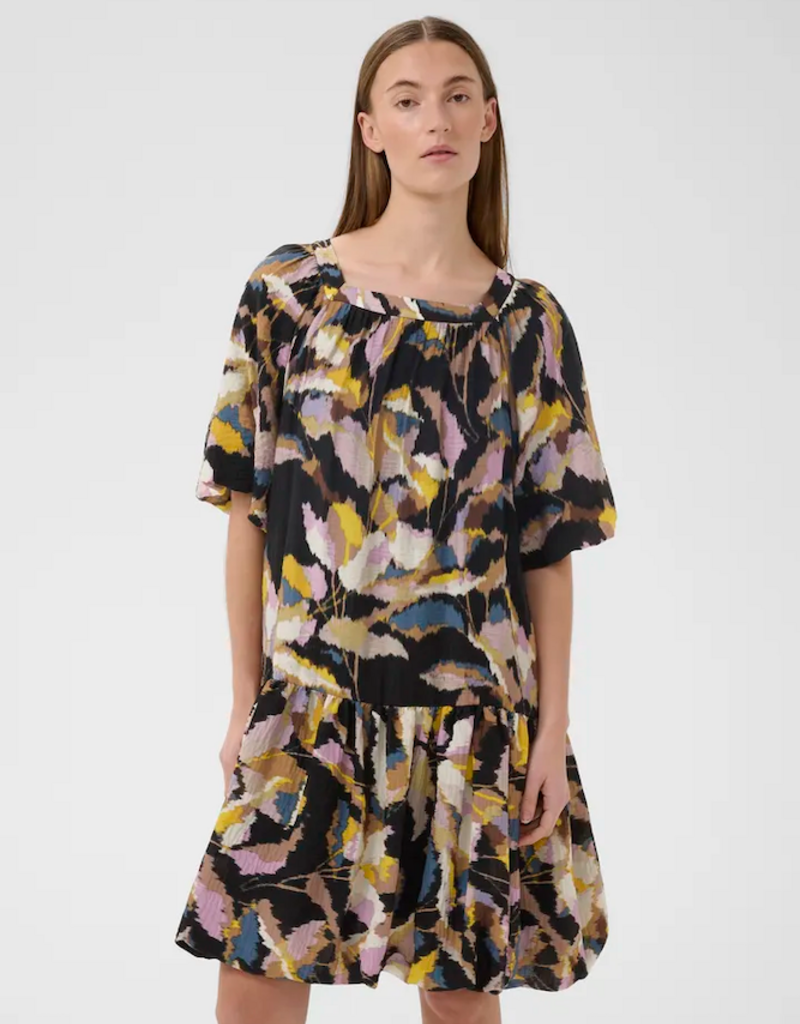 InWear Lyla Fest Short Bubble Hem Dress in Black Spring Leaves Print