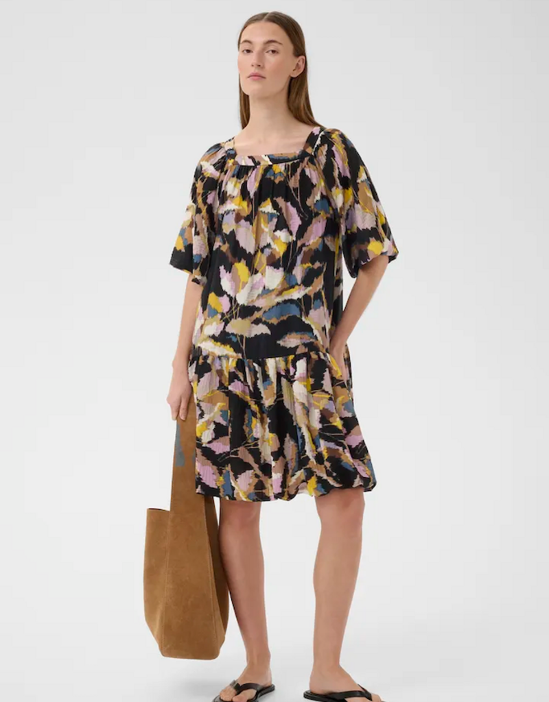 InWear Lyla Fest Short Bubble Hem Dress in Black Spring Leaves Print