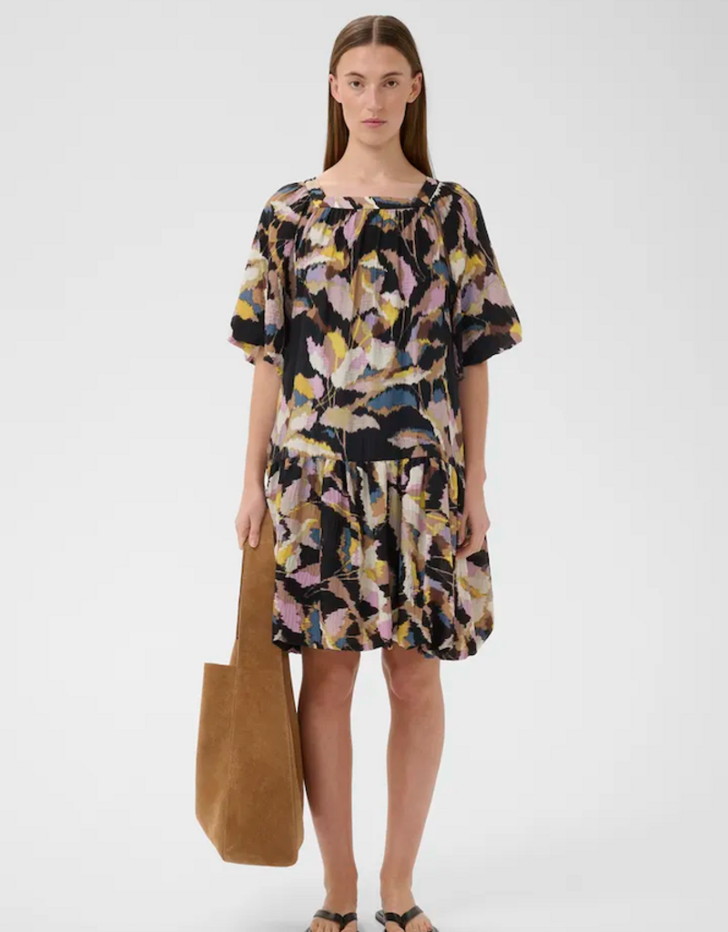 InWear Lyla Fest Short Bubble Hem Dress in Black Spring Leaves Print