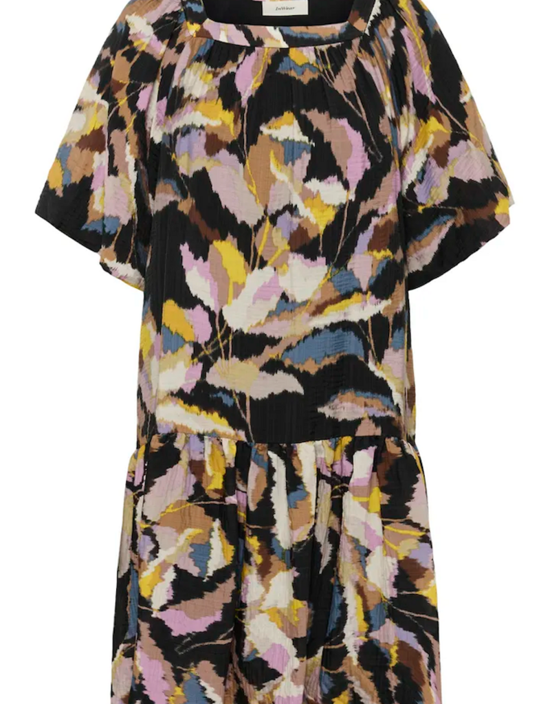 InWear Lyla Fest Short Bubble Hem Dress in Black Spring Leaves Print