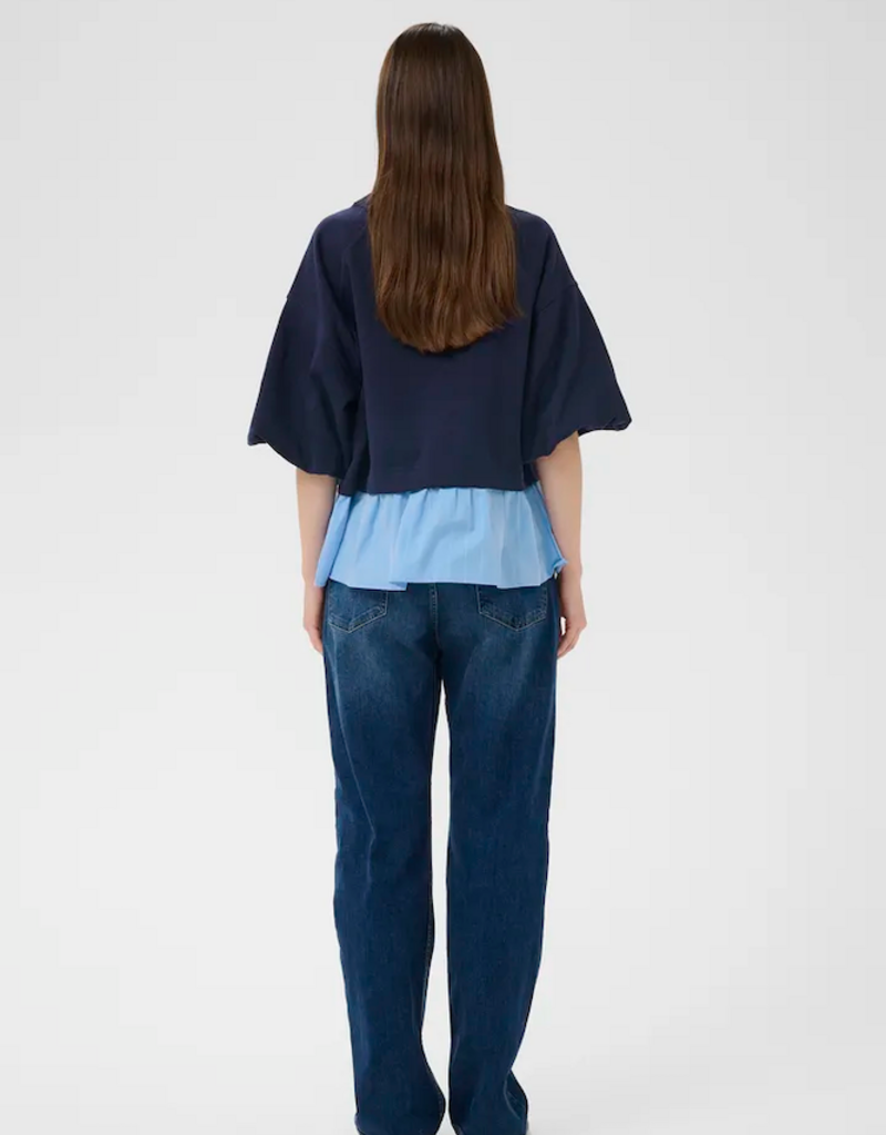 InWear Dessy 100% Cotton Combination Peplum Top in Open Air Pinstripe