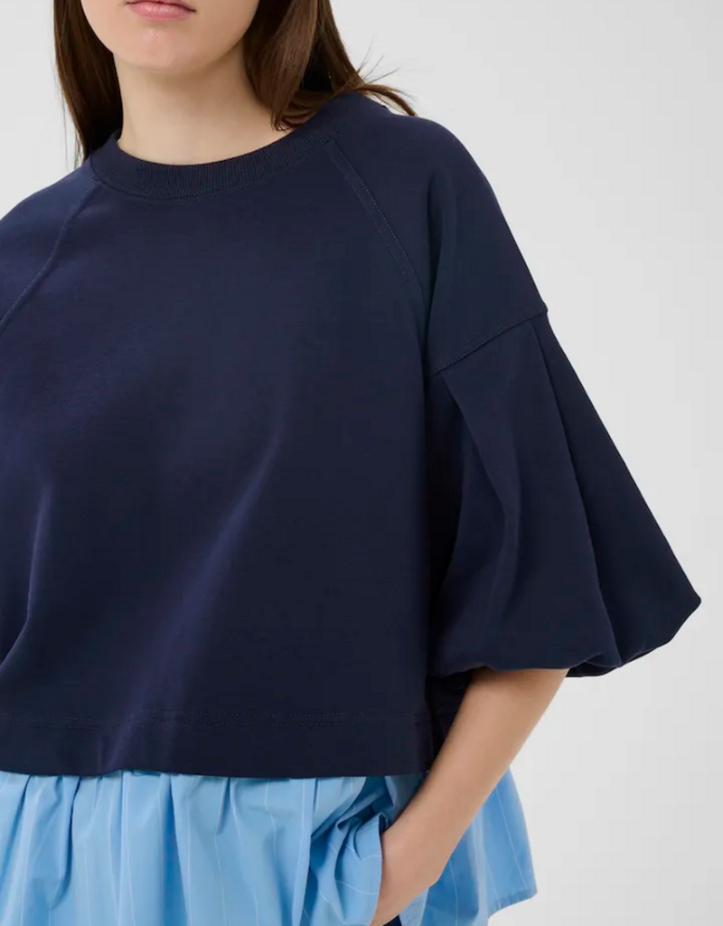 InWear Dessy 100% Cotton Combination Peplum Top in Open Air Pinstripe