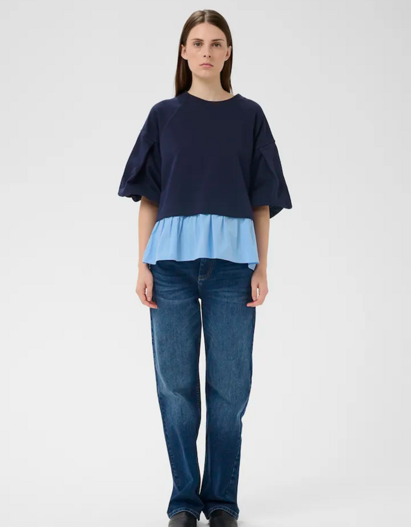 InWear Dessy 100% Cotton Combination Peplum Top in Open Air Pinstripe