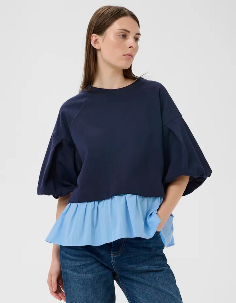 InWear Dessy 100% Cotton Combination Peplum Top in Open Air Pinstripe
