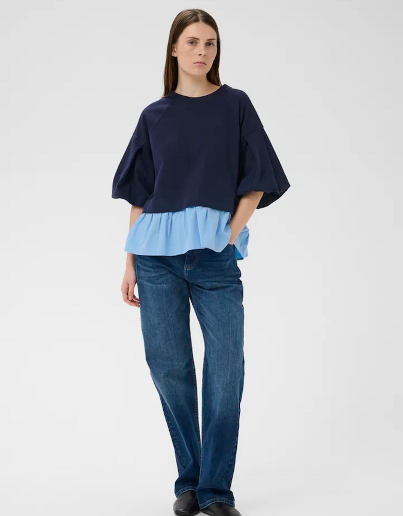InWear Dessy 100% Cotton Combination Peplum Top in Open Air Pinstripe