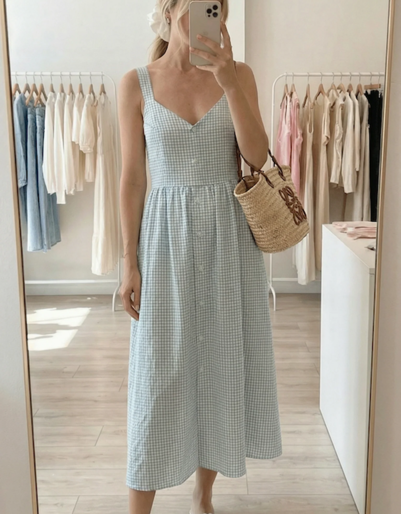 Privilege Estelle Button Down Cotton Dress in Blue/Green Gingham