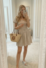Privilege Ramona Smocked Puff Sleeve Square Neck Dress in Tan Gingham