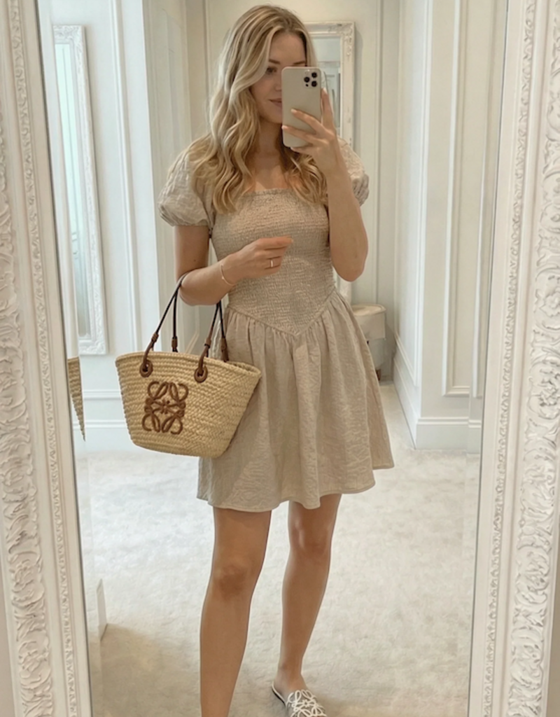 Privilege Ramona Smocked Puff Sleeve Square Neck Dress in Tan Gingham