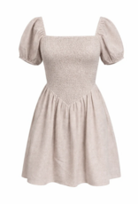 Privilege Ramona Smocked Puff Sleeve Square Neck Dress in Tan Gingham