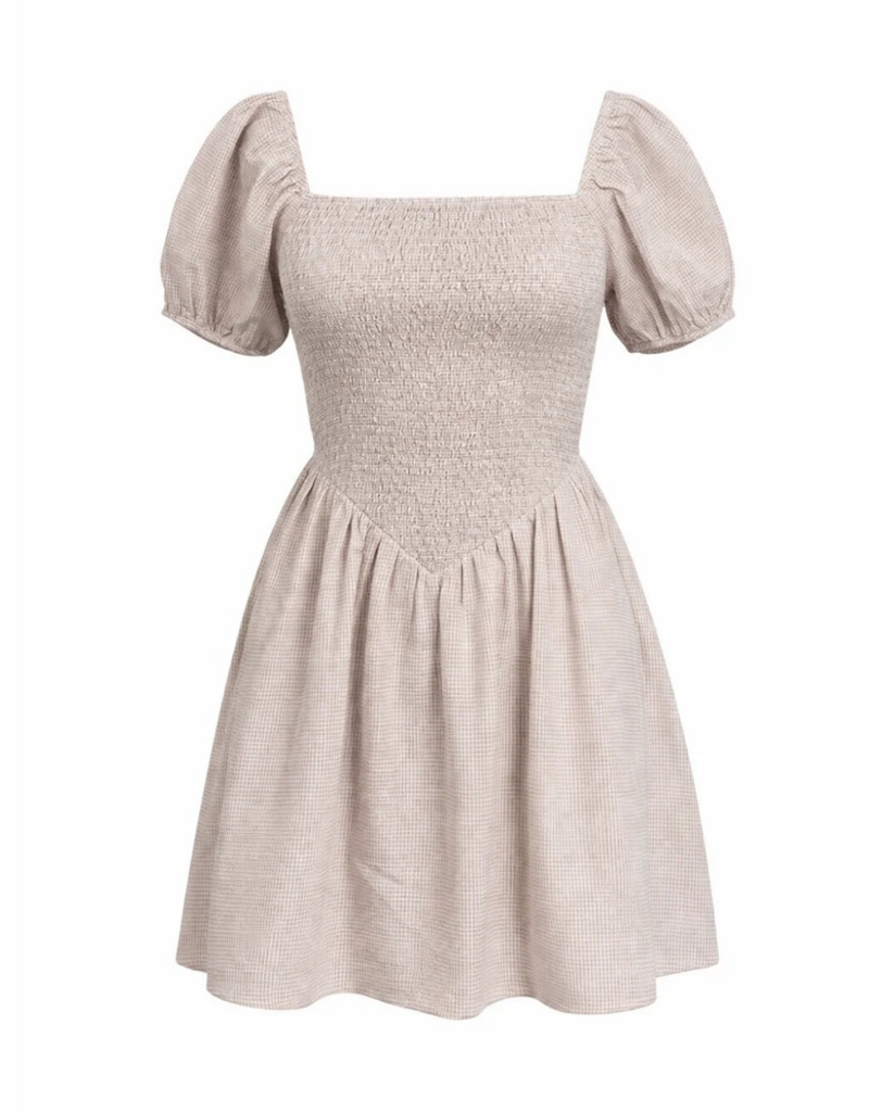 Privilege Ramona Smocked Puff Sleeve Square Neck Dress in Tan Gingham
