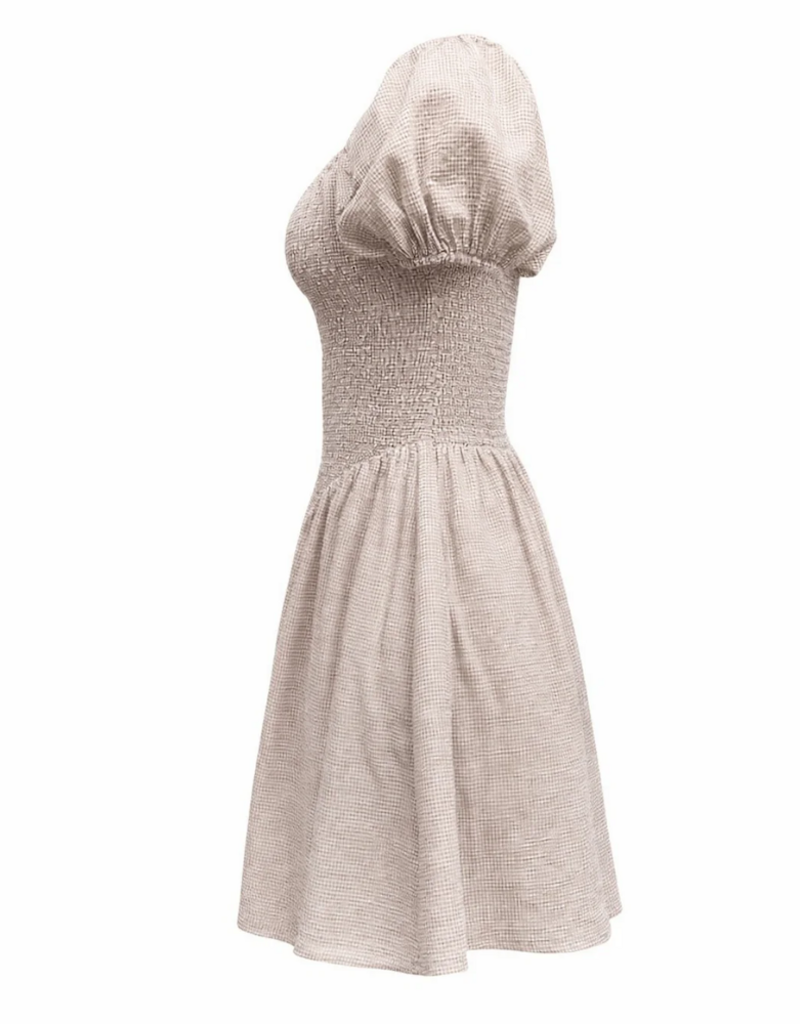 Privilege Ramona Smocked Puff Sleeve Square Neck Dress in Tan Gingham