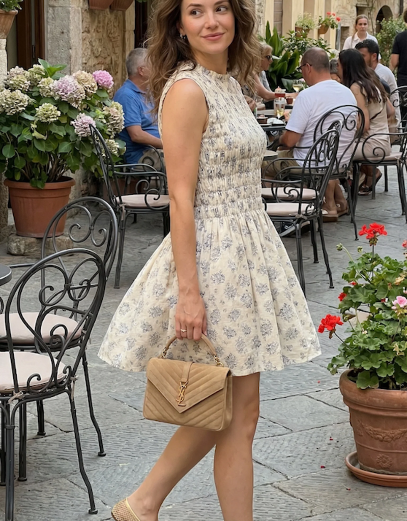 Privilege Prim Sleeveless Rouched Dress in Blue Floral