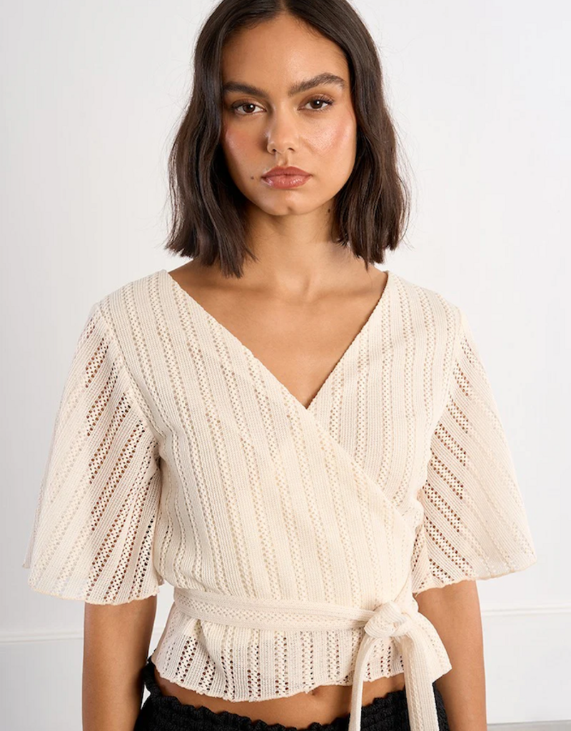 Molly Bracken Erin Openwork Wrap Top in Off White (Ecru)