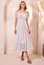 Angel Eye Genoa Shirred Off-The-Shoulder Midi Dress in Multi Ditzy Floral