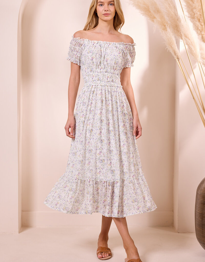 Angel Eye Genoa Shirred Off-The-Shoulder Midi Dress in Multi Ditzy Floral