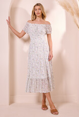 Angel Eye Genoa Shirred Off-The-Shoulder Midi Dress in Multi Ditzy Floral