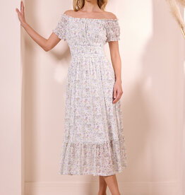 Angel Eye Genoa Shirred Off-The-Shoulder Midi Dress in Multi Ditzy Floral