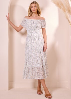 Angel Eye Genoa Shirred Off-The-Shoulder Midi Dress in Multi Ditzy Floral