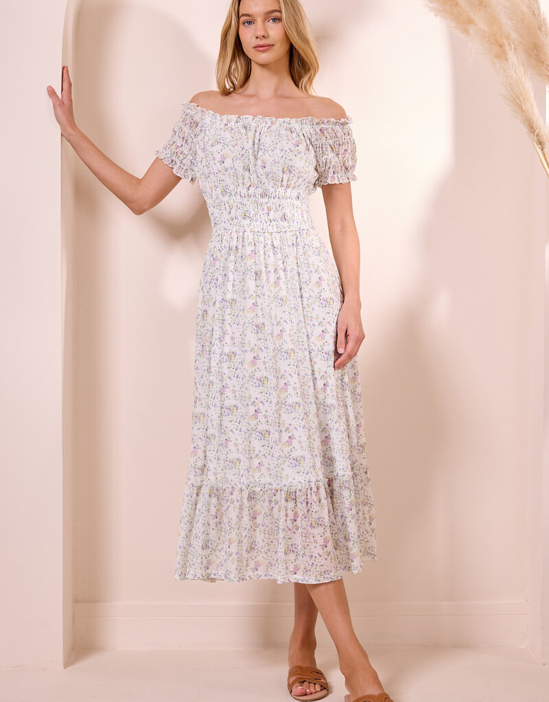 Angel Eye Genoa Shirred Off-The-Shoulder Midi Dress in Multi Ditzy Floral