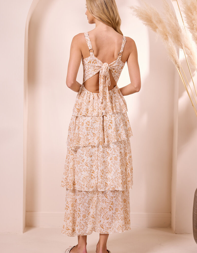 Angel Eye Dresden Tiered Midi Dress in Beige Floral Print