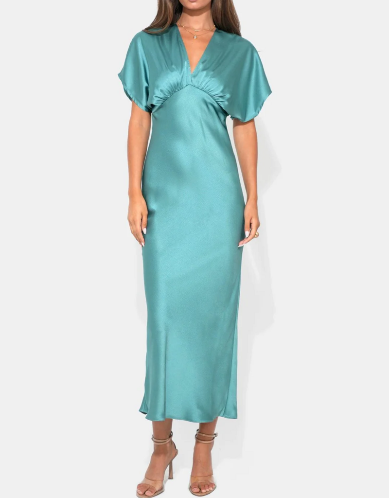 Adelyn Rae Charlotte Flutter Sleeve Midi Dress in Jade