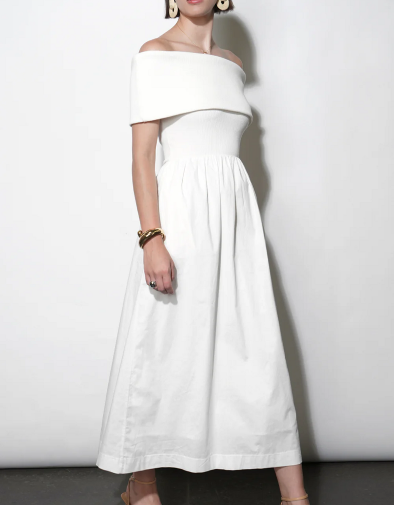 Greylin Marjorie Mixed Media Off-The-Shoulder Midi Dress in White