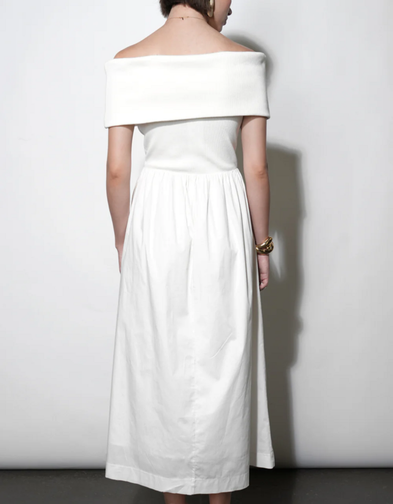 Greylin Marjorie Mixed Media Off-The-Shoulder Midi Dress in White
