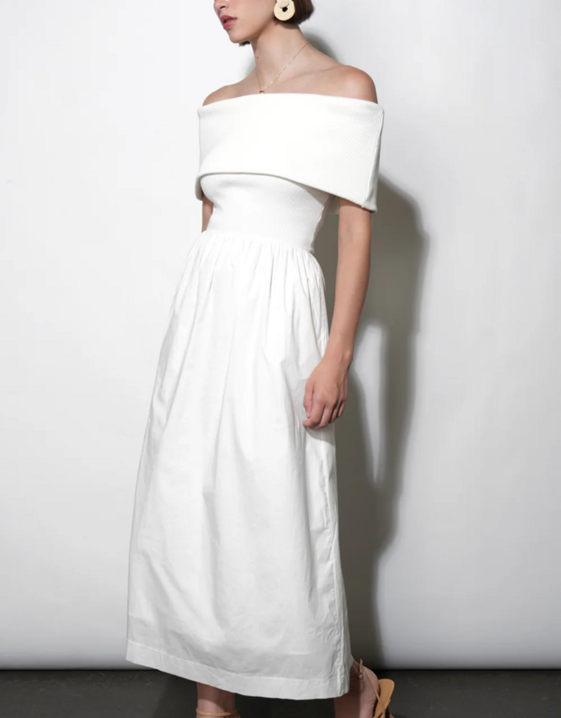 Greylin Marjorie Mixed Media Off-The-Shoulder Midi Dress in White