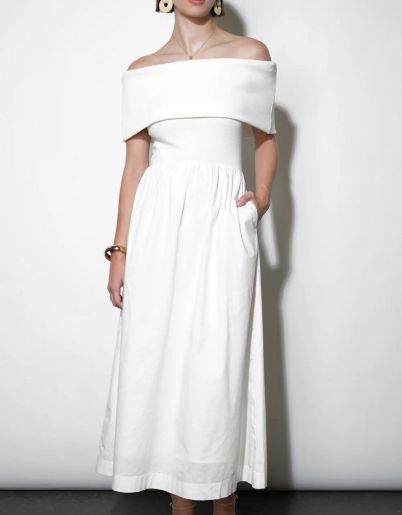 Greylin Marjorie Mixed Media Off-The-Shoulder Midi Dress in White