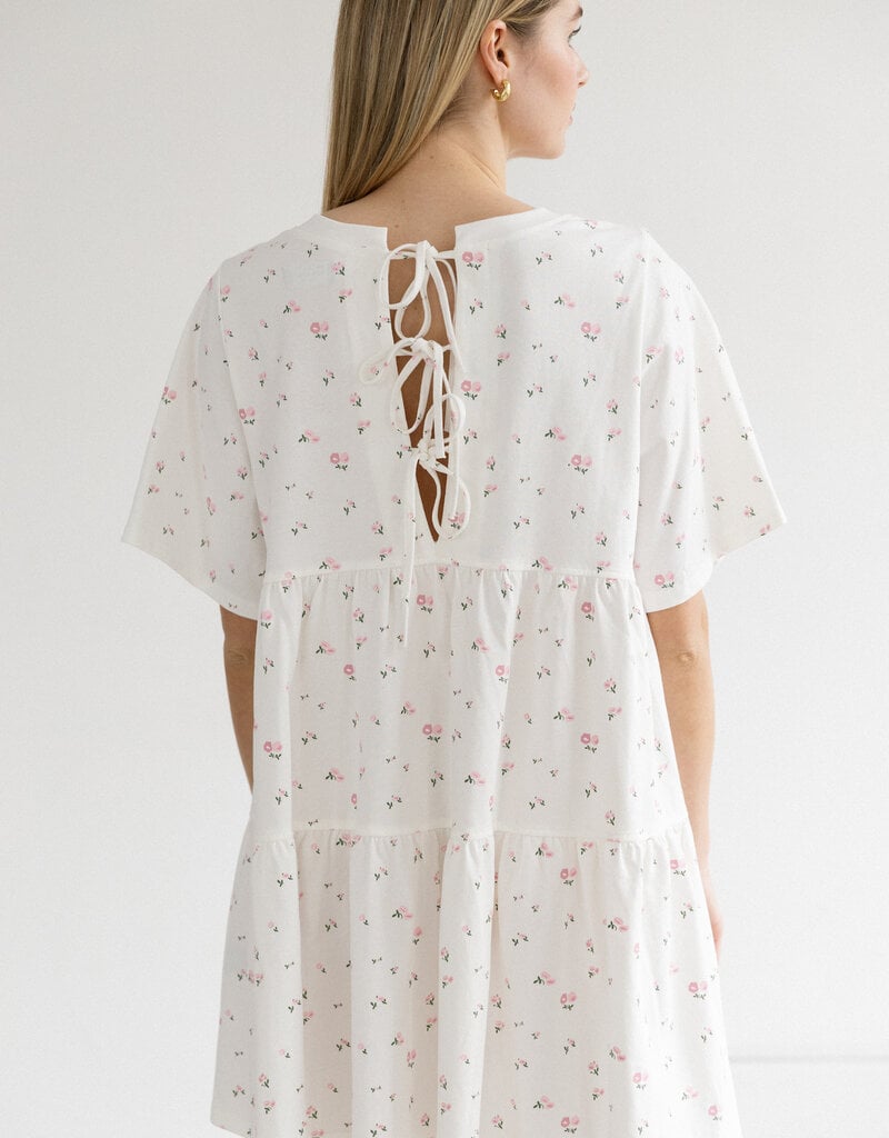 Brunette the Label Tiered Dress in Cream with Pink