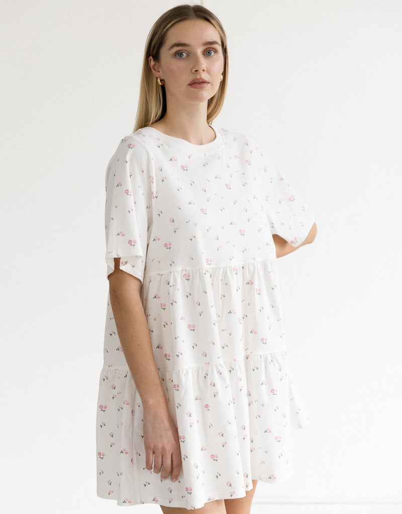 Brunette the Label Tiered Dress in Cream with Pink