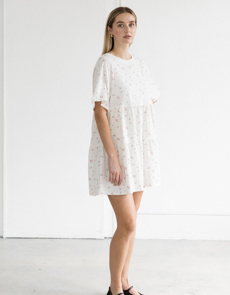 Brunette the Label Tiered Dress in Cream with Pink