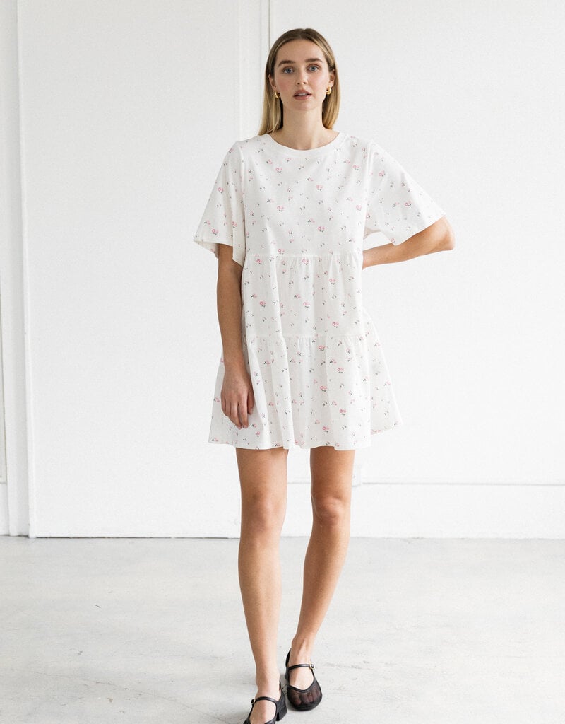 Brunette the Label Tiered Dress in Cream with Pink