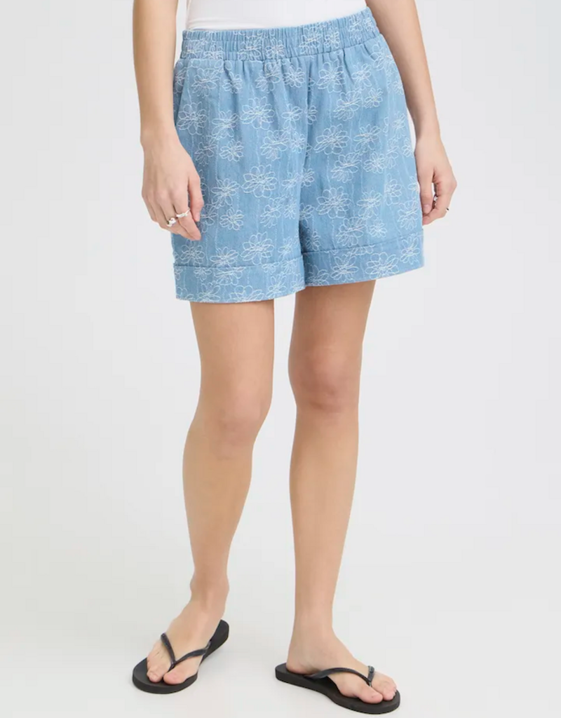 ICHI Odette 100% Cotton Embroidered Shorts in Light Blue
