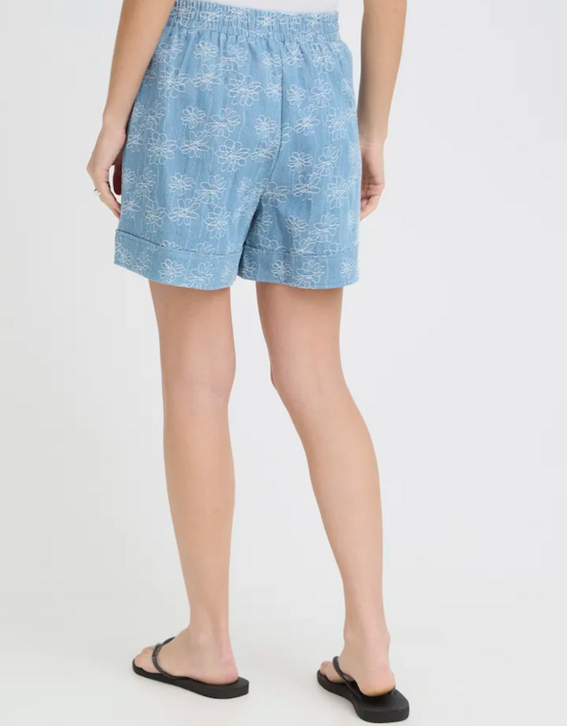 ICHI Odette 100% Cotton Embroidered Shorts in Light Blue